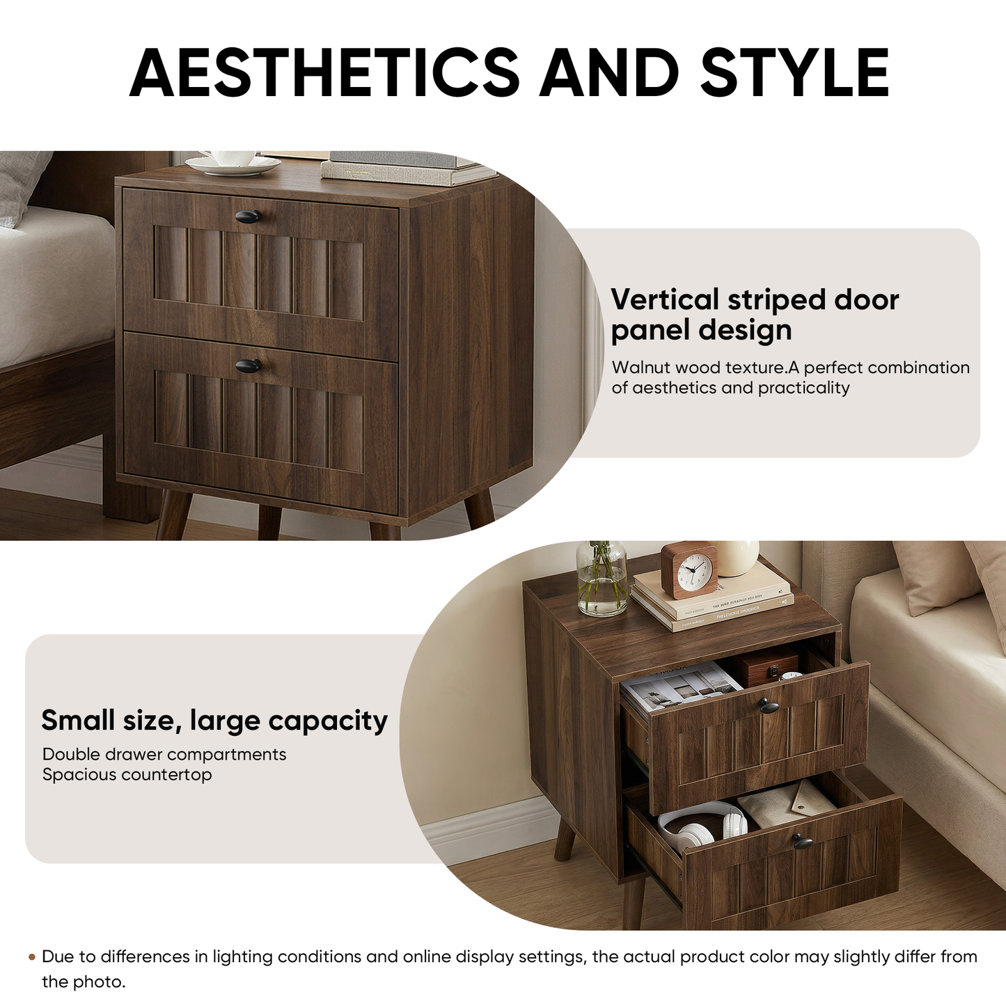 Double Drawer Bedside Table, Solid Wood Legs, Walnut, 15.75x15.75 in, 2-Pack
