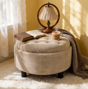 25 Inch Round Storage Ottoman with Wooden Top Side Table, Camel Fabric
