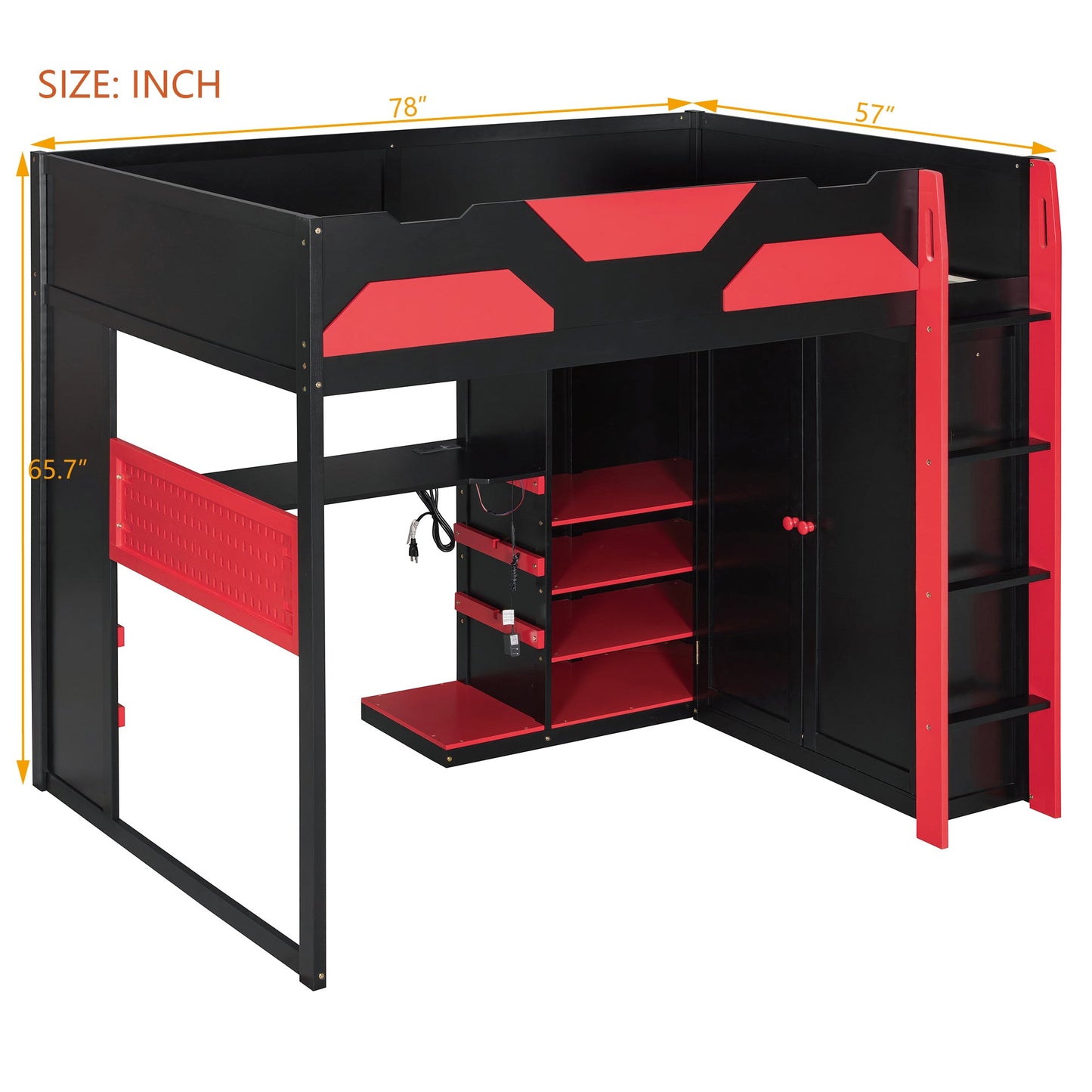Full Size Wood Loft Bed with Desk, Multi-storage Shelves,USB and RGB Light, Red