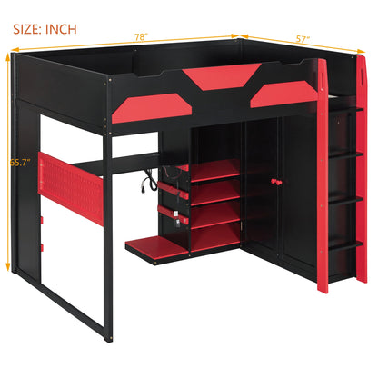 Full Size Wood Loft Bed with Desk, Multi-storage Shelves,USB and RGB Light, Red