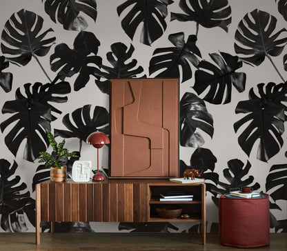Monstera Leaf Wallpaper, black and off-white