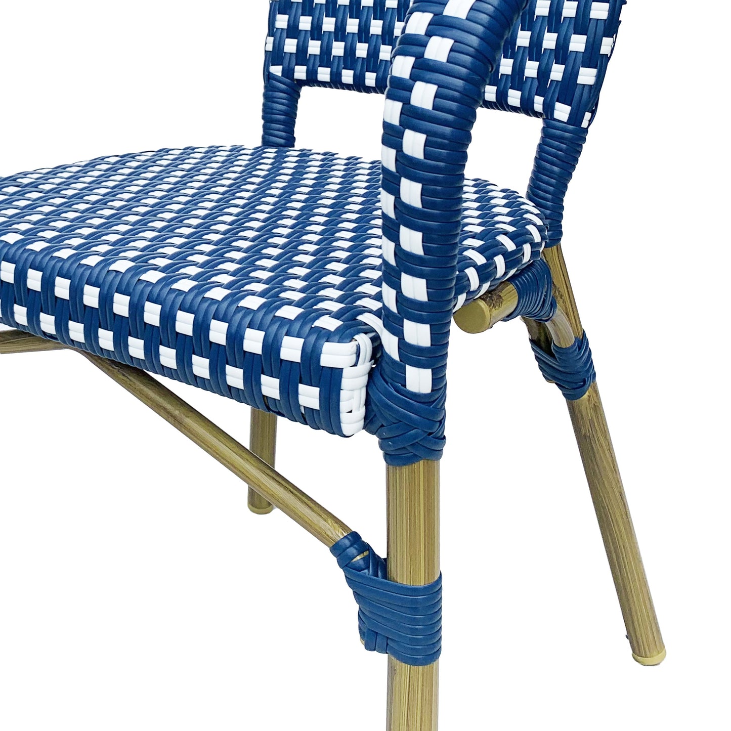 Outdoor Bistro Chair Set of 2, Rattan Wicker Aluminum Frame, White and Navy