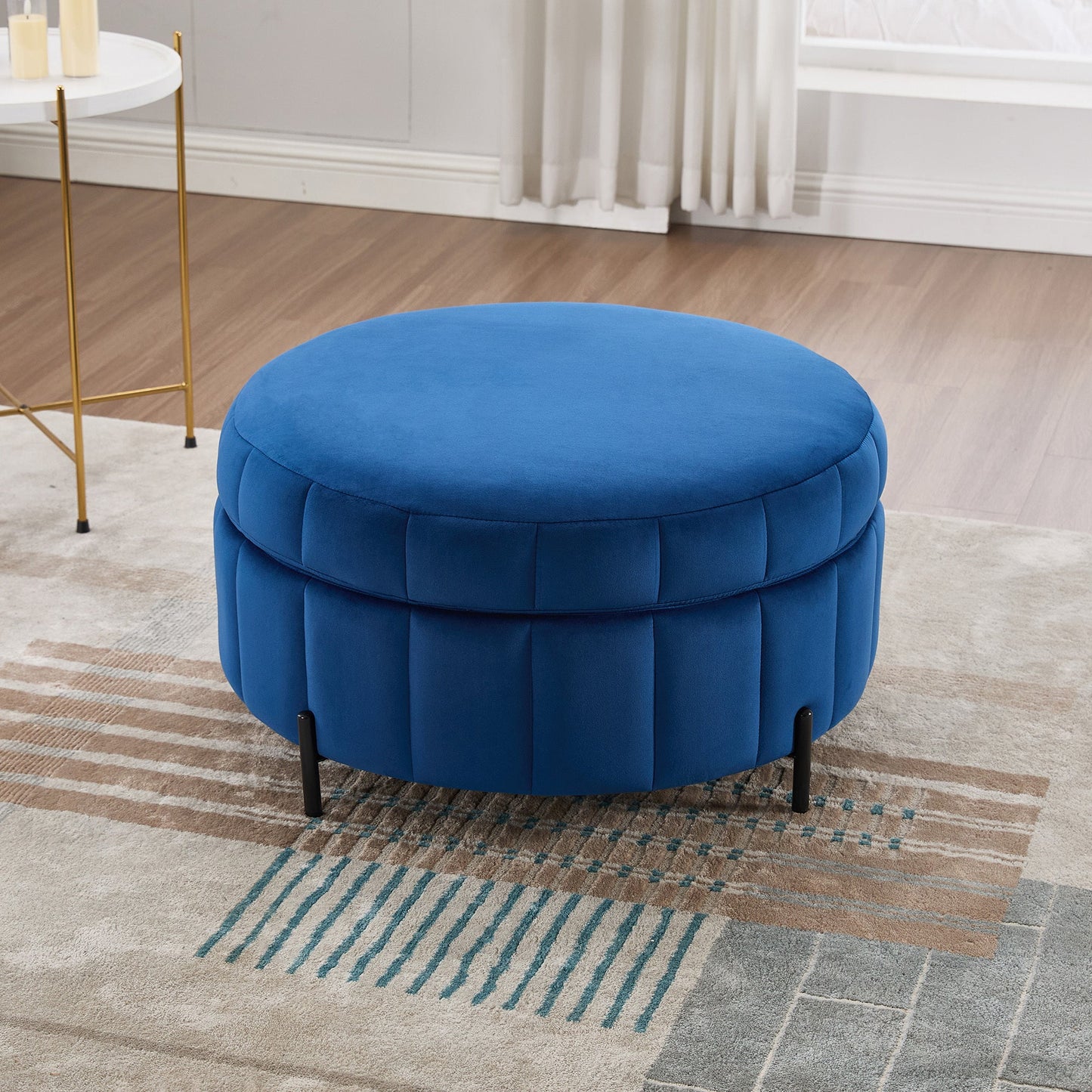 31.5 Inch Round Velvet Storage Ottoman with Reversible Lid, Navy