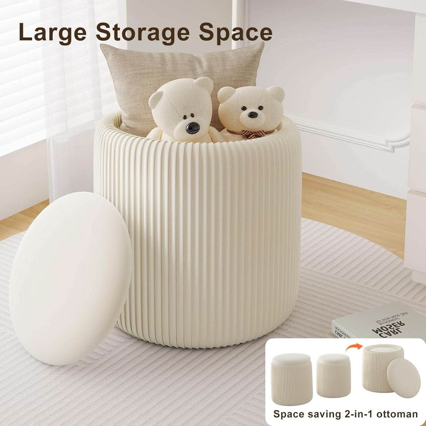 White Velvet Upholstered Storage Ottoman Vanity Set