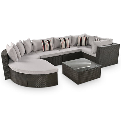 Outdoor Wicker Sofa Set Brown 7 Piece Colorful Pillows Seats 6