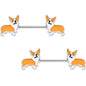 14G 9/16 Orange Corgi Puppy Dog Barbell Nipple Ring Set