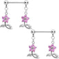 9/16 Pink Clear CZ Gem Stemmed Flower Dangle Barbell Nipple Ring Set