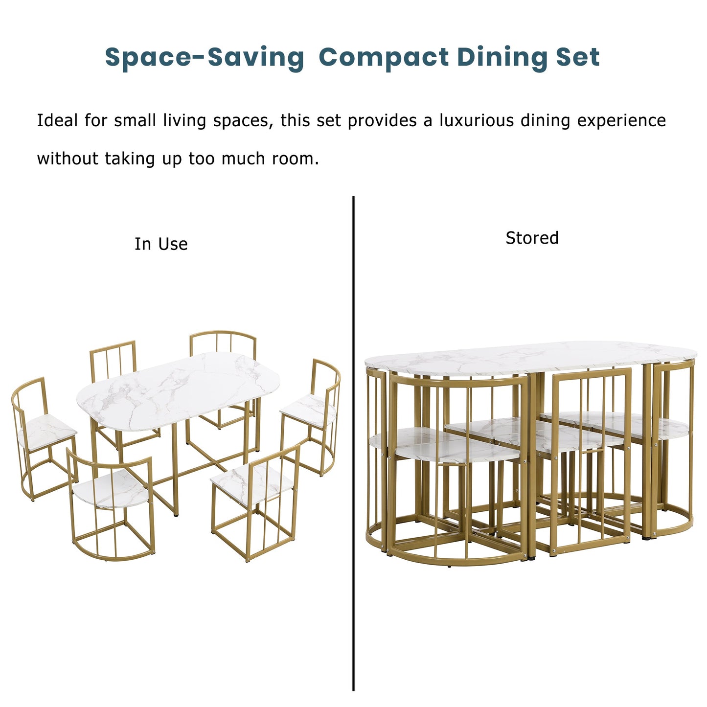 Modern 7-Piece Dining Table Set with Faux Marble Compact 55 In Kitchen Table Set for 6