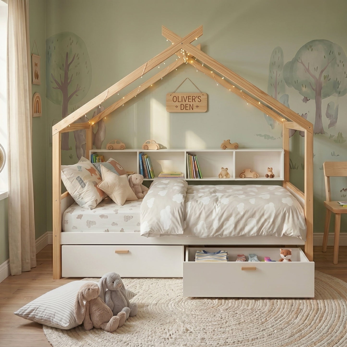 White Full Size Wooden House Bed with Two Drawers and Bookshelf Storage