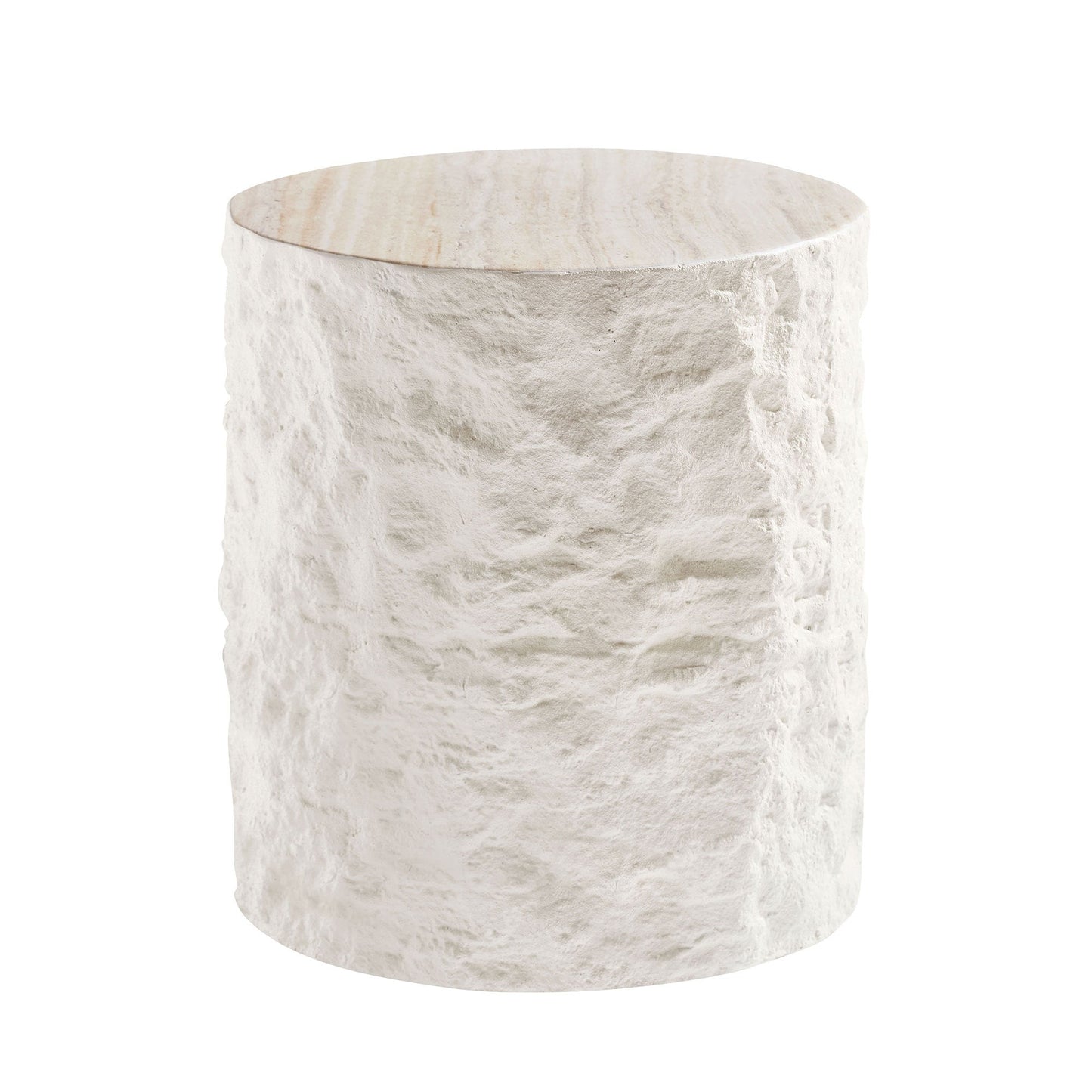 15.75 in Round Fiberglass Side Table, Imitation Stone Design, No Assembly, Beige