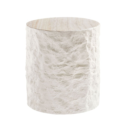 15.75 in Round Fiberglass Side Table, Imitation Stone Design, No Assembly, Beige