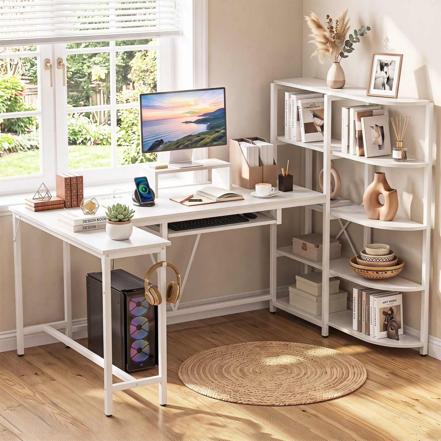 63" U-Shaped Computer Desk with Power Outlets & Bookshelf