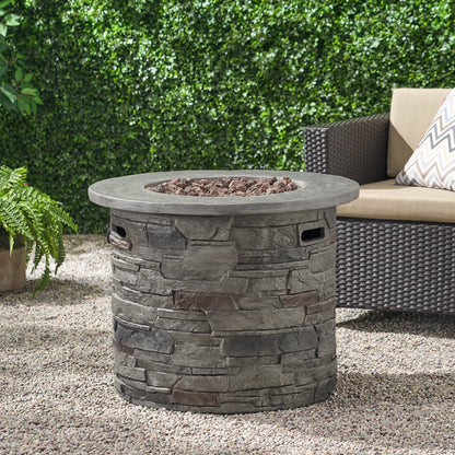 Transitional Outdoor 32 Inch Round MGO Propane Fire Pit Table, Stone Gray
