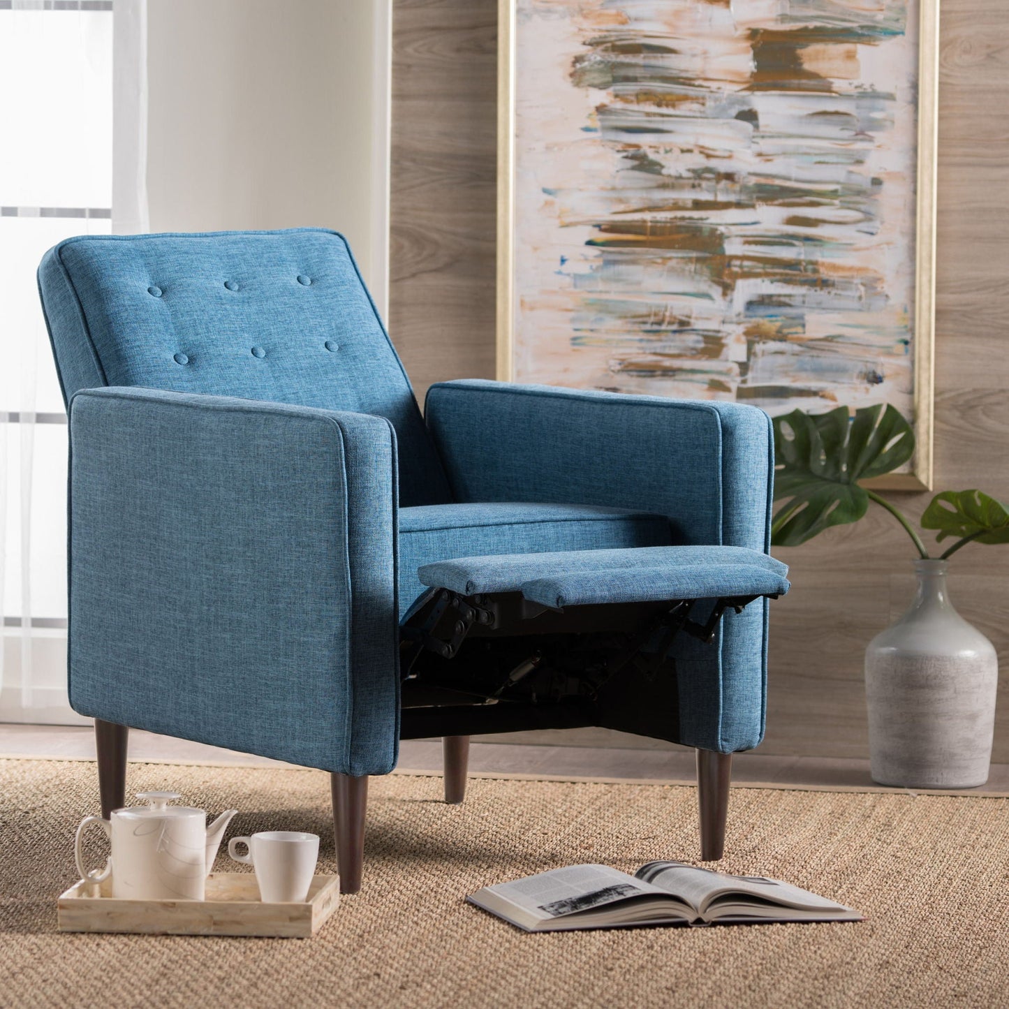 Mid-Century Modern Recliner With Button Tufted Waffle Stitch