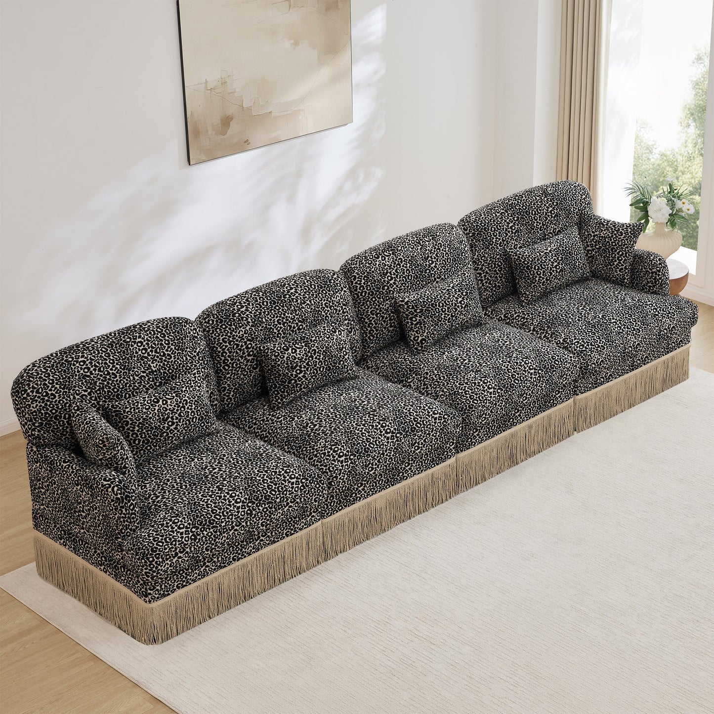 Sectional Sofa Modular Chenille Leopard Print Khaki 4 Seat Deep Seat