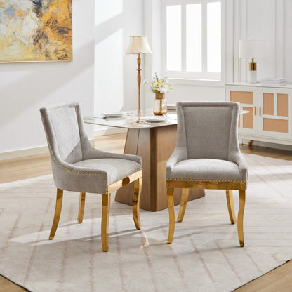 Chenille Dining Chairs, Modern Style with Curved Gold - Plated Legs & Rivet