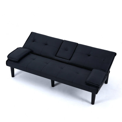 67-inch Black PVC Multi-Functional Sofa Bed with Foldable Design and Cup Holder