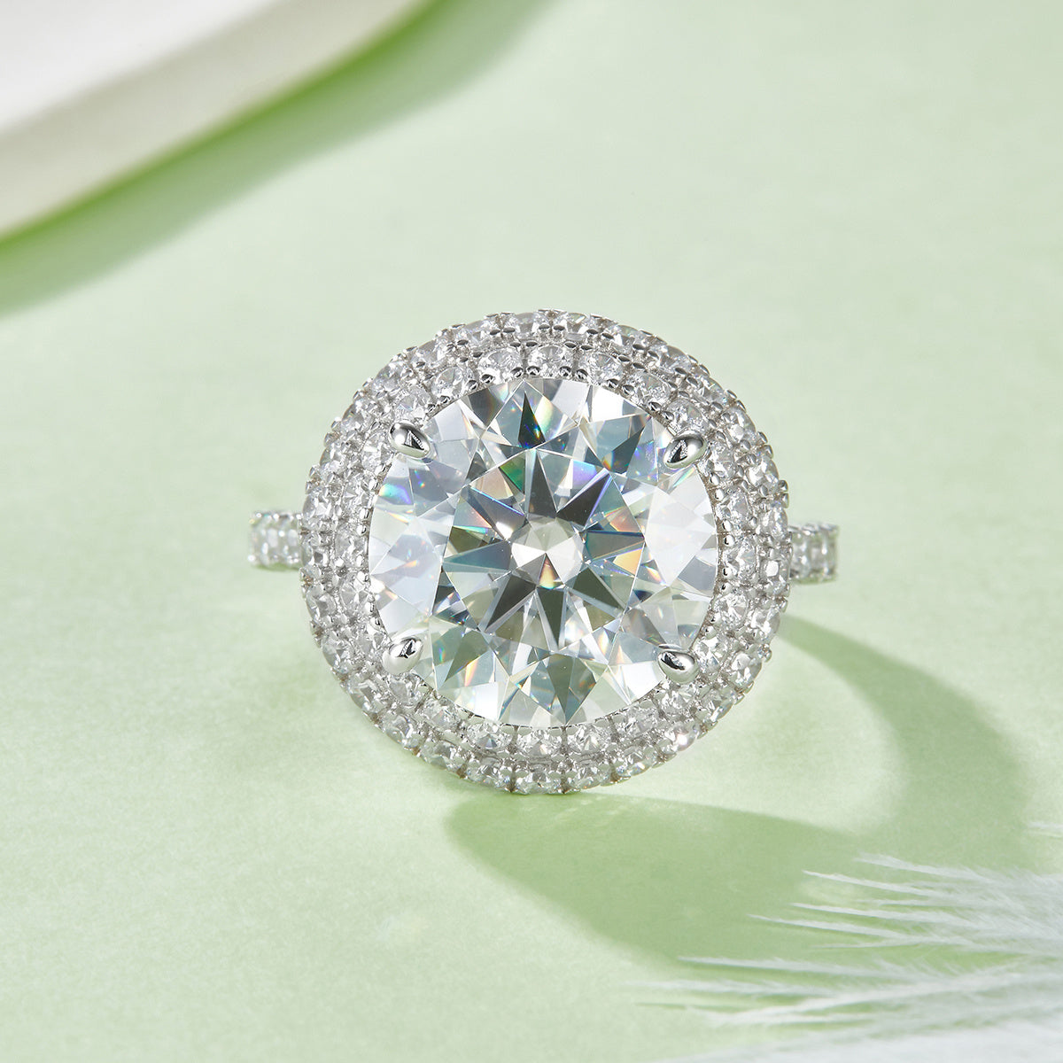 S925 Sterling Silver 8ct Moissanite Ring, 13mm D-VVS1 Double Halo Pave Band, Platinum Plated US Sizes 5-9 GRA Gift Box