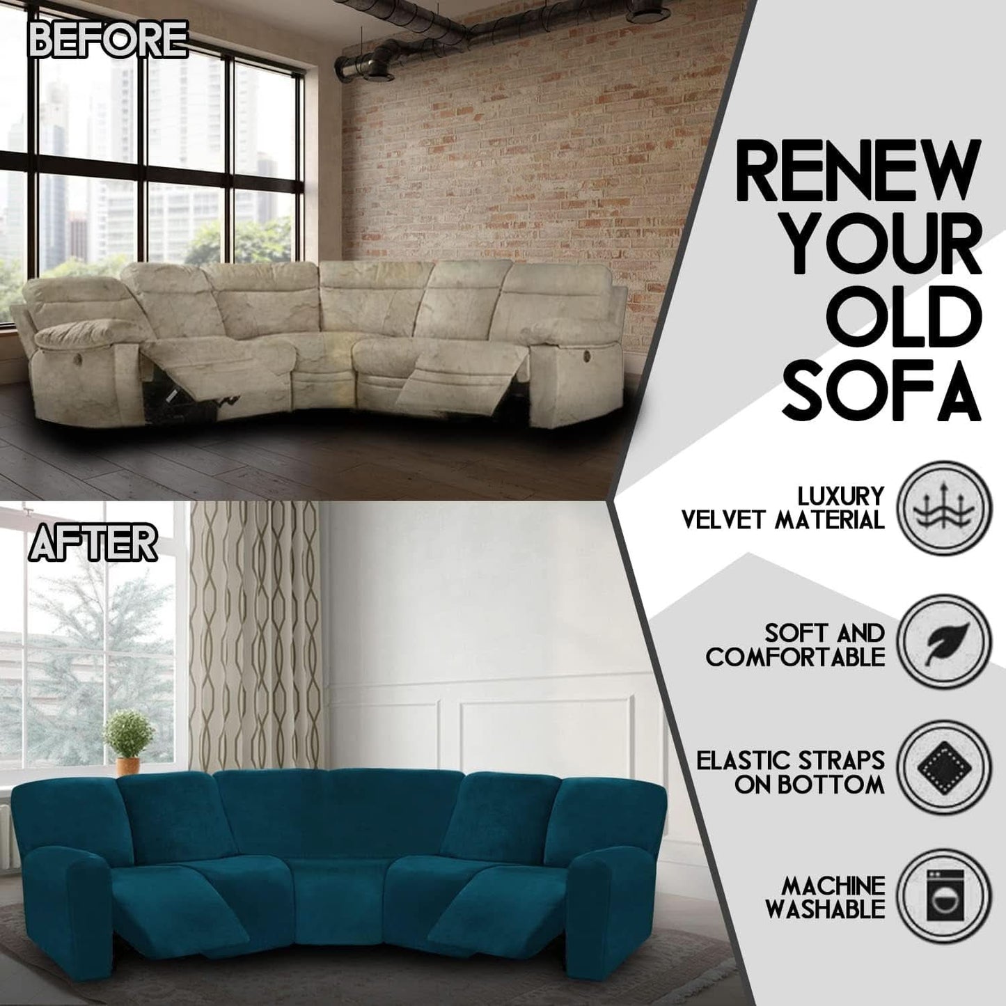 Velvet Seven Piece Sectional Recliner Sofa Cover Deep Teal