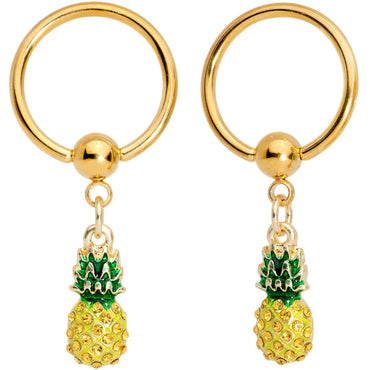 14G Clear CZ Gem Gold Tone Pineapple BCR Barbell Nipple Ring Set