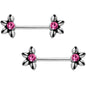9/16 Pink CZ Blooming Flower Barbell Nipple Ring Set