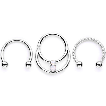 16G 3/8 White Faux Opal Twisted Horseshoe Closure Ring Set