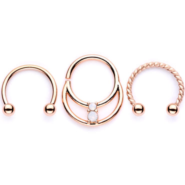 16G 3/8 White Faux Opal Rose Gold Tone Twisted Horseshoe BCR Captive Ring Set