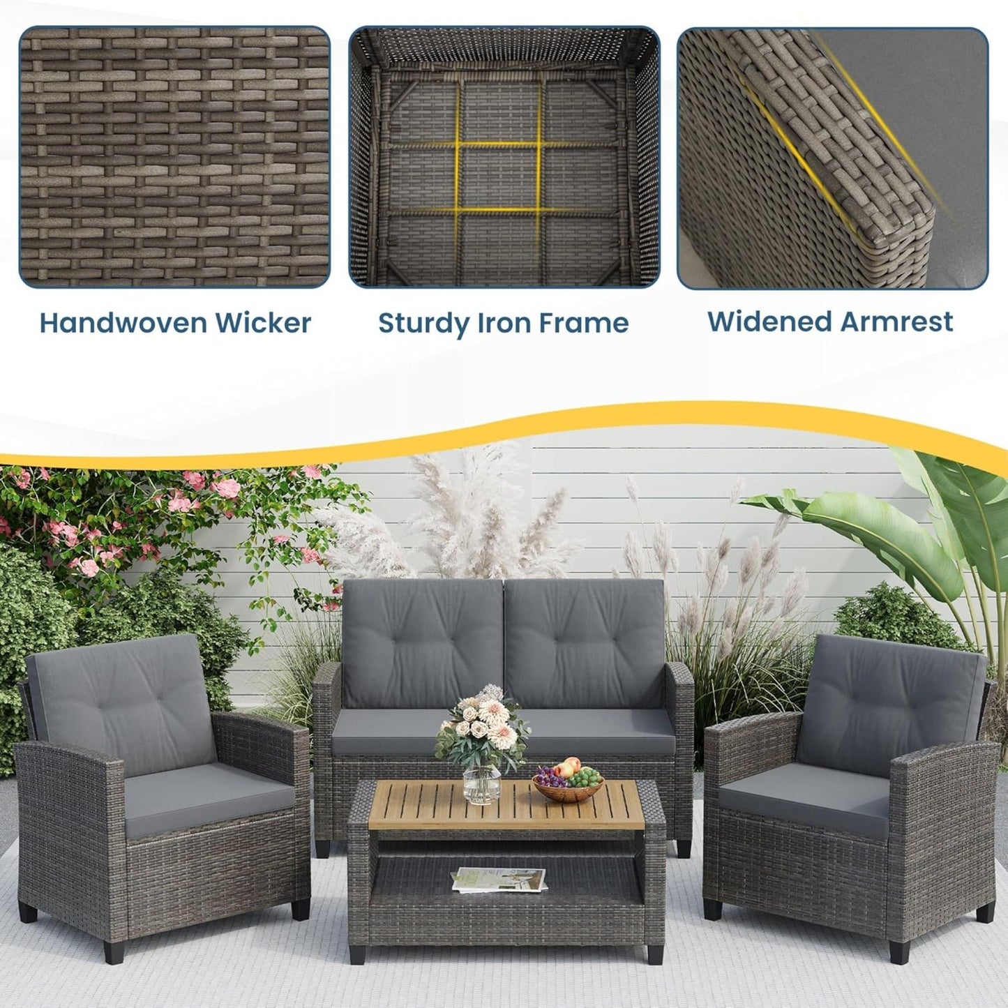 Outdoor Patio Set PE Rattan Gray 4 Piece Loveseat Chairs Acacia Table
