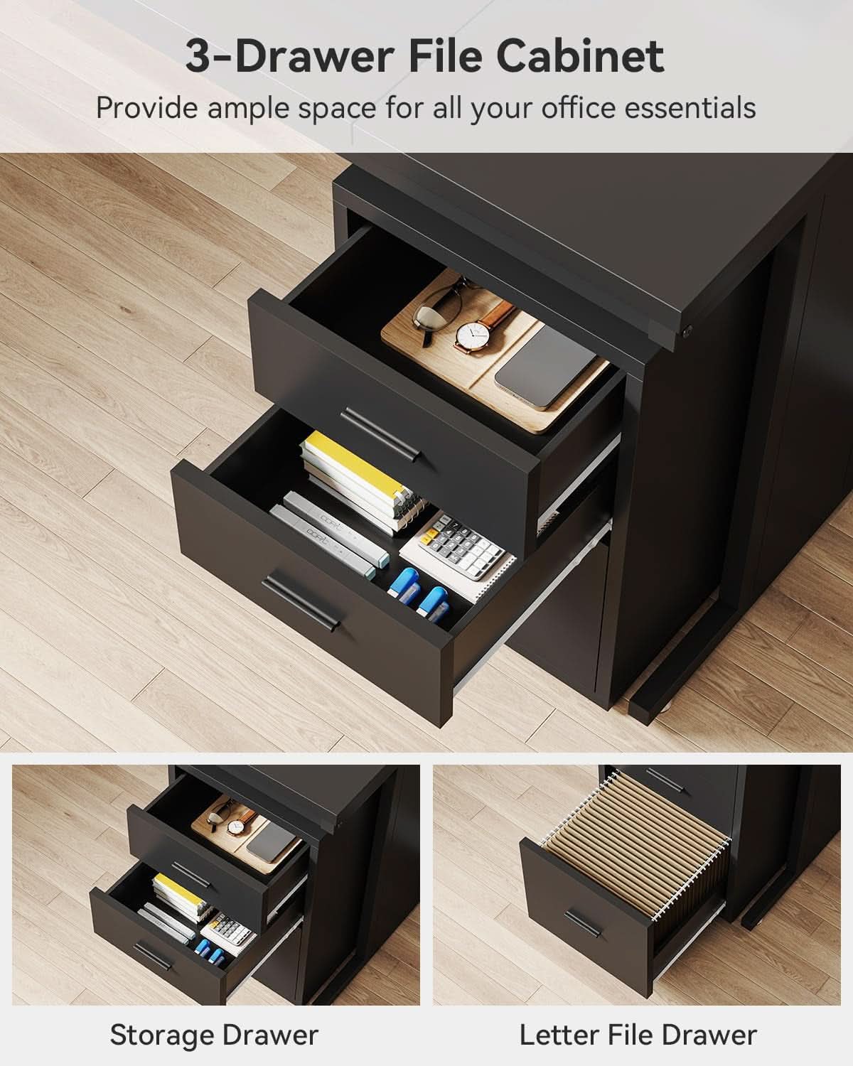 83 Inch L Shaped Executive Desk With 3 Drawer Cabinet
