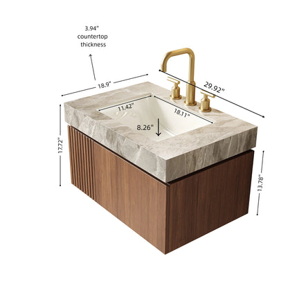 30' Floating Bathroom Vanity with Sintered Stone Top and Ceramic Basin, Brown Oak