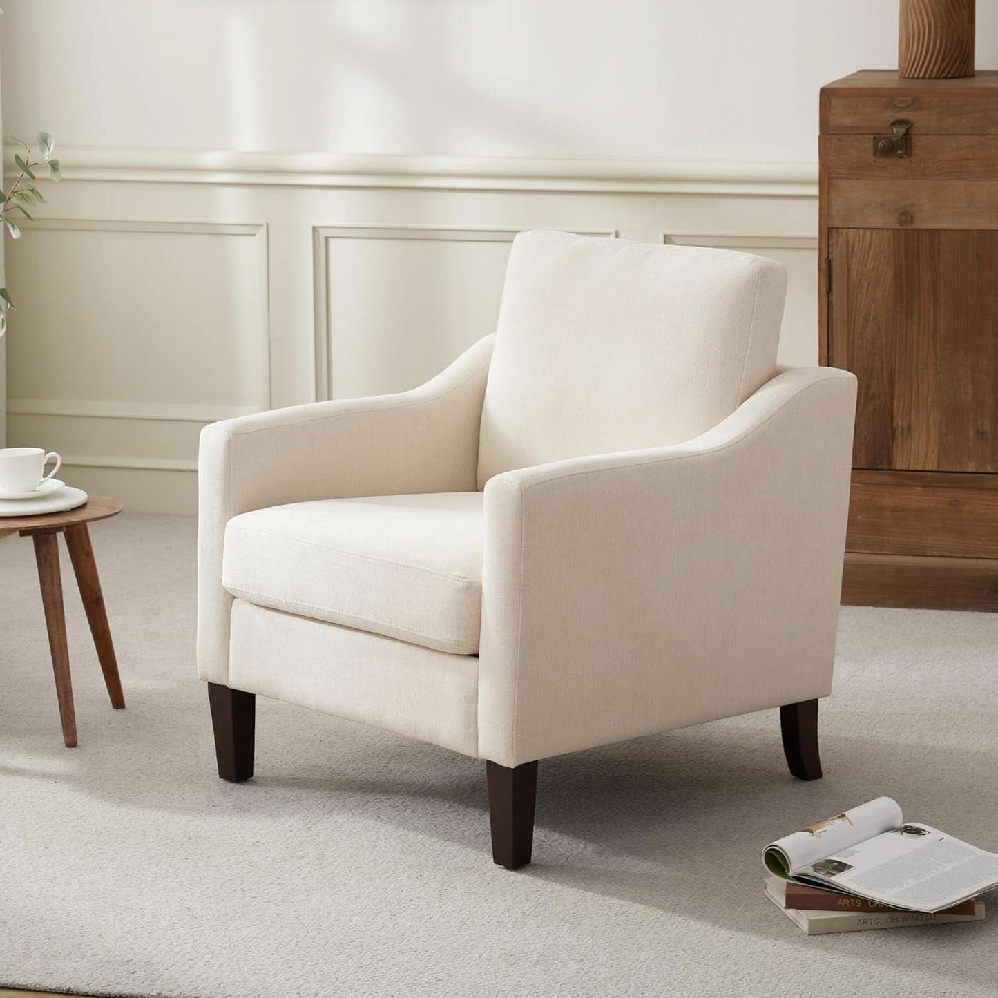 Beige Upholstered Mid Century Modern Accent Armchair