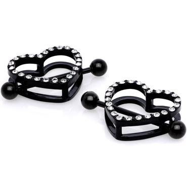 14G 5/8 Clear Gem Black Valentine Heart Nipple Ring Set