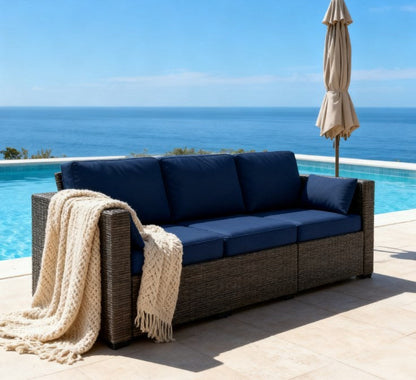 Outdoor Sofa Set PE Rattan Navy Blue 3 Seat Steel Frame 792 lb Capacity