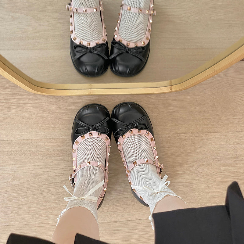 French Ballet Single Shoes Women's Summer 2026 New Style Shallow Bow Fold Rivet Mary Jane Women's Shoes