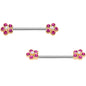 14G 9/16 Pink Gem Precious Flower Barbell Nipple Ring Set