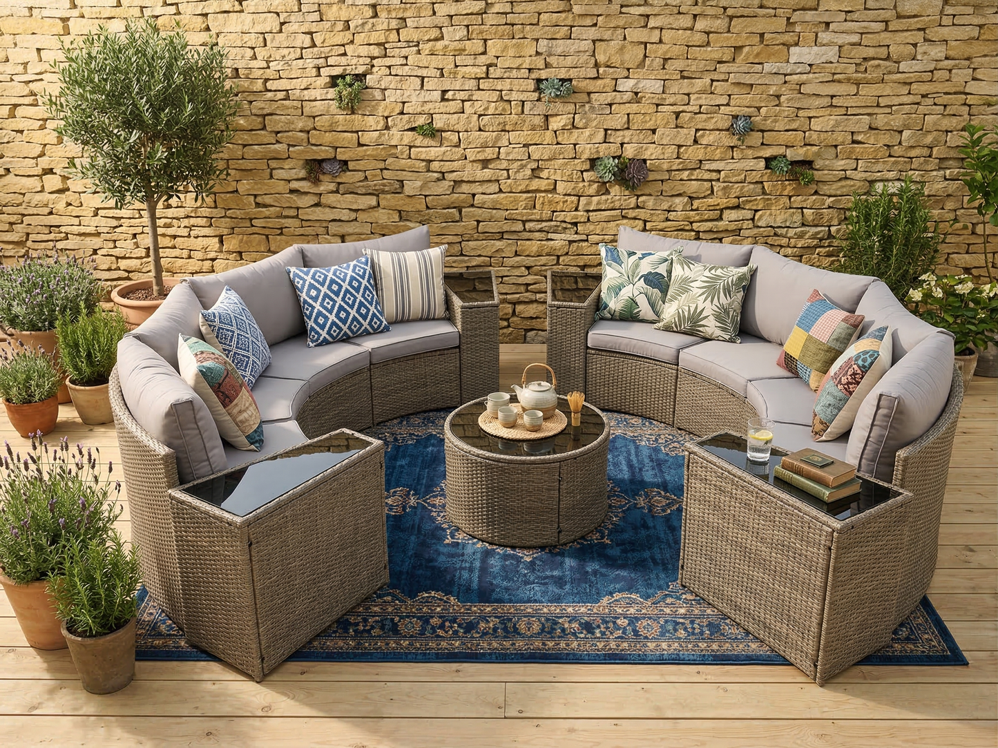 Outdoor Sectional Set PE Rattan Steel Light Gray 13pc