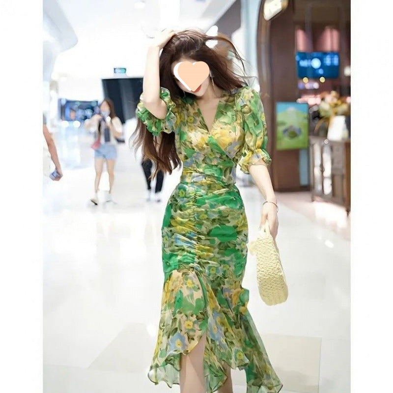 Stylish, Sophisticated, High-end Asymmetrical Chiffon Floral Dress