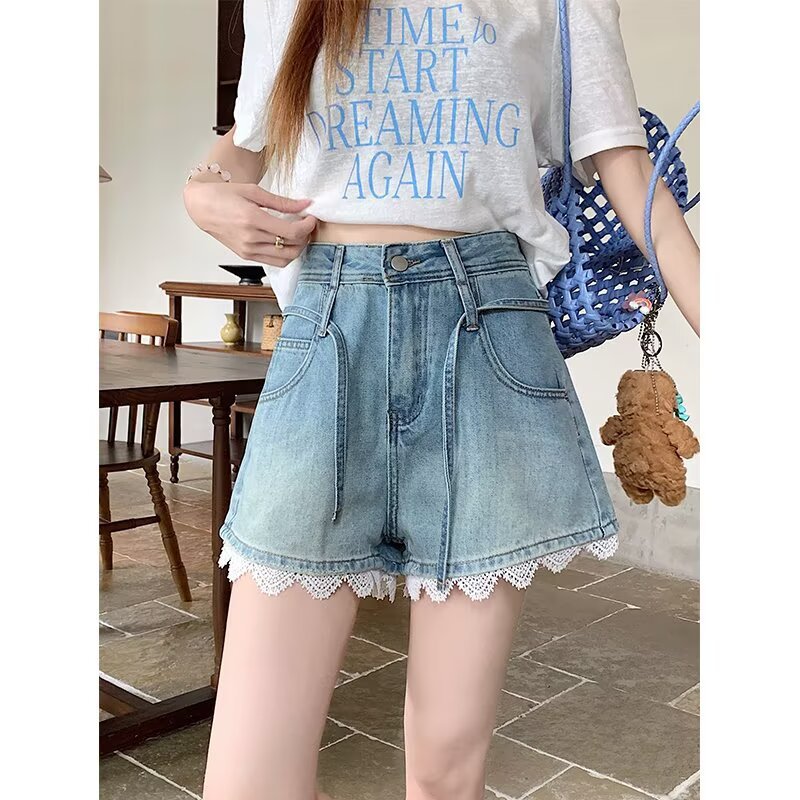 Plus-size Lace-trimmed High-waisted Denim Shorts