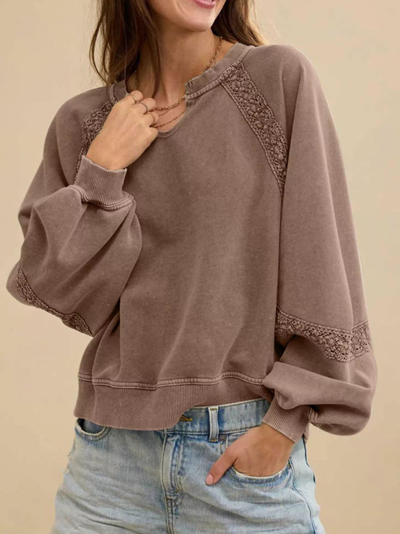 Lace Detail Notched Long Sleeve Sweatshirt