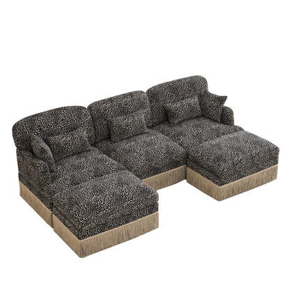 Sectional Sofa Modular Chenille Leopard Print Khaki 4 Seat Deep Seat