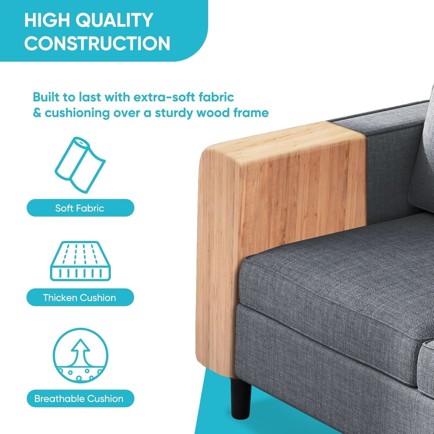 6 Seater Sectional Sofa In Dark Grey Linen With Ottoman