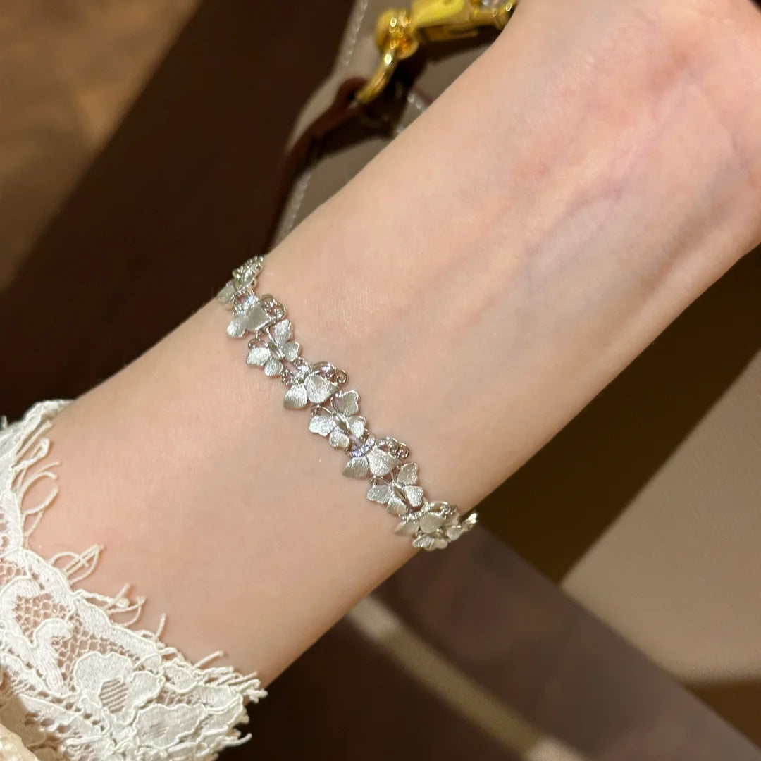Silver Tone 3D Embossed Linked Butterfly Bracelet Dainty Stackable Women Daily Hand Ornaments