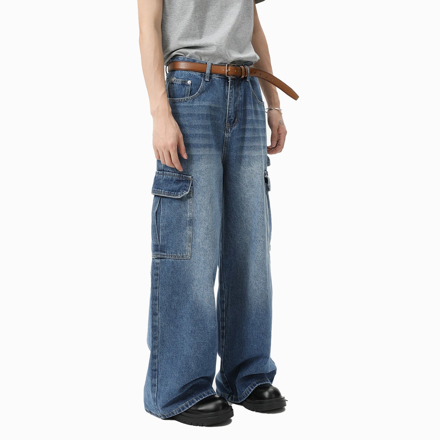 Bleached Wide-leg Multi-pocket Straight-leg Casual Work Pants