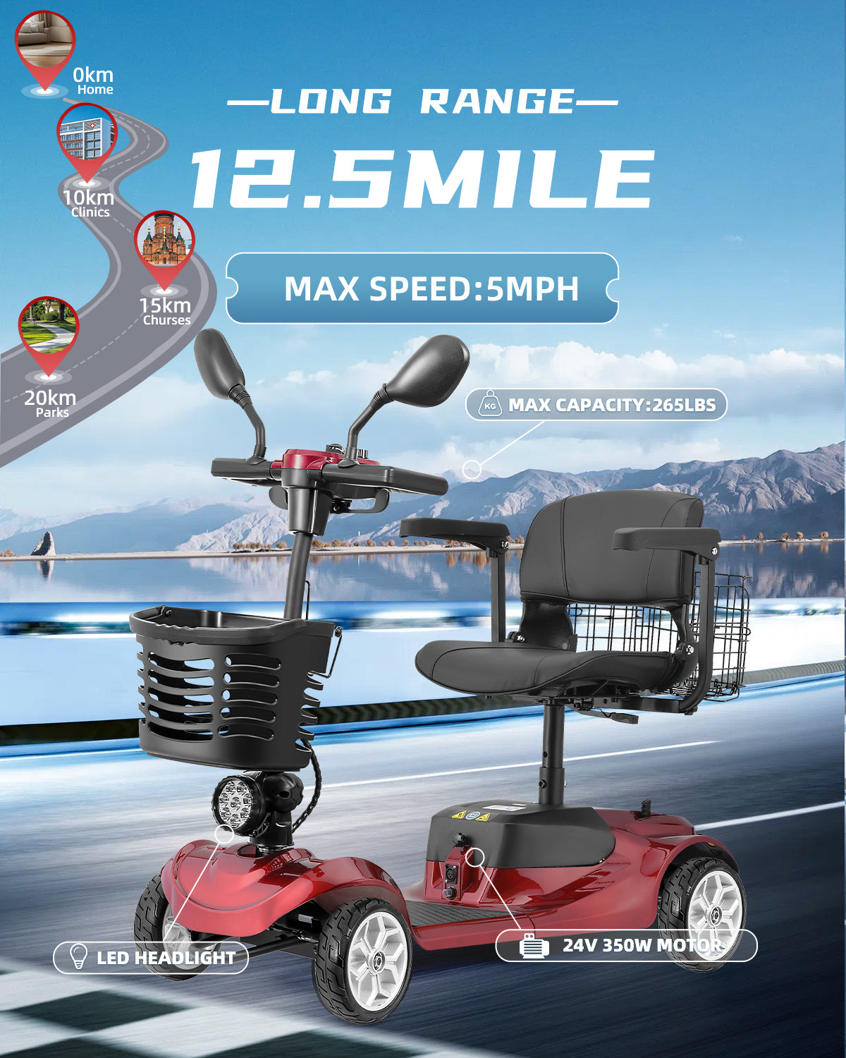 Mobility Scooter 4-Wheel Folding 350W Front Basket