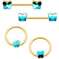 14G Aqua Gem Butterfly Gold Tone BCR Barbell Nipple Ring Set of 4