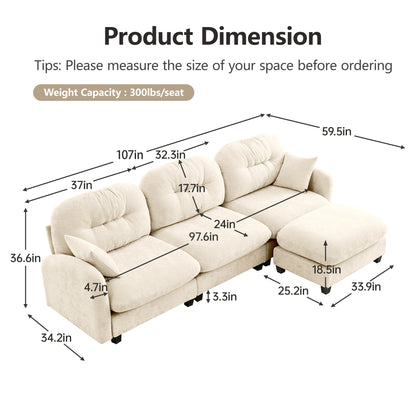 Sectional Sofa L-Shape Modular Chenille Beige 3-Seat with Ottoman