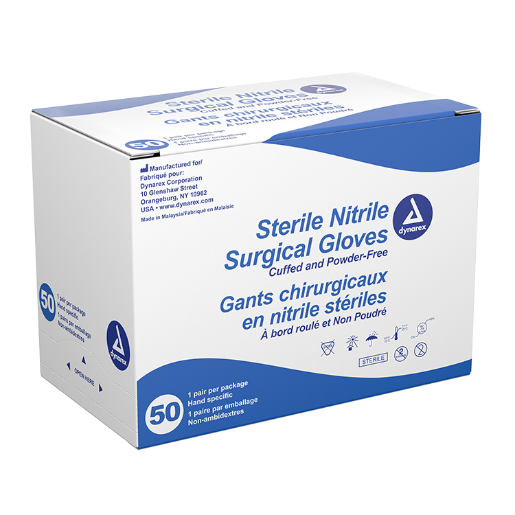Dynarex Sterile Nitrile Surgical Gloves, Powder-Free, Blue - 50pairs/bx, 4bxs/cs (200 Count)