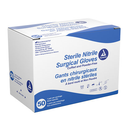 Dynarex Sterile Nitrile Surgical Gloves, Powder-Free, Blue - 50pairs/bx, 4bxs/cs (200 Count)
