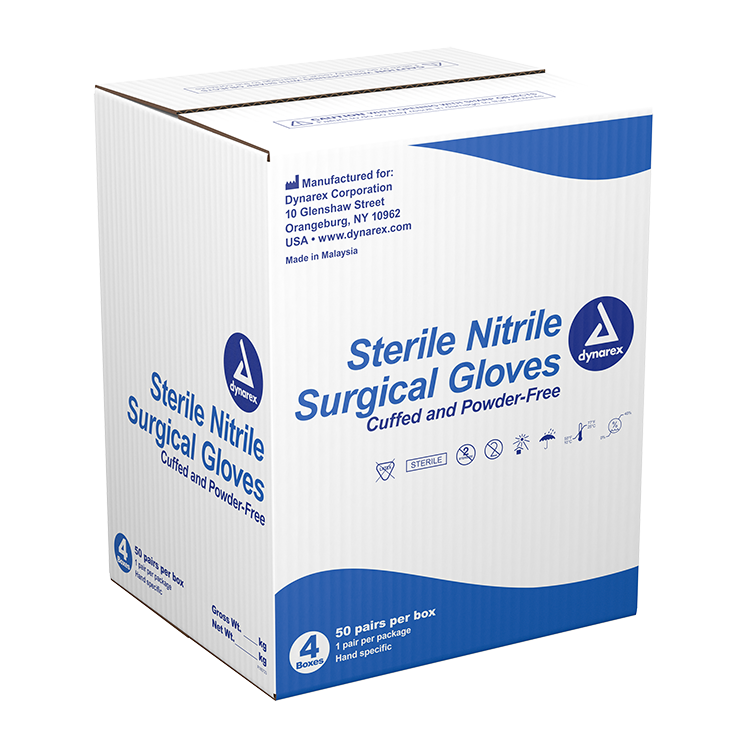 Dynarex Sterile Nitrile Surgical Gloves, Powder-Free, Blue - 50pairs/bx, 4bxs/cs (200 Count)
