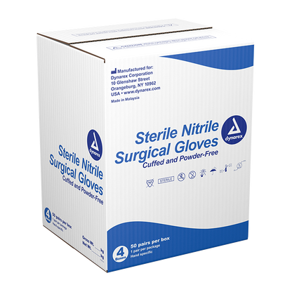 Dynarex Sterile Nitrile Surgical Gloves, Powder-Free, Blue - 50pairs/bx, 4bxs/cs (200 Count)